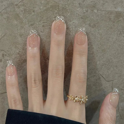 Lot de 24 faux ongles à paillettes et diamants, en acrylique, pour fille mignonne et mignonne, couverture complète, courts et carrés, manucure portable