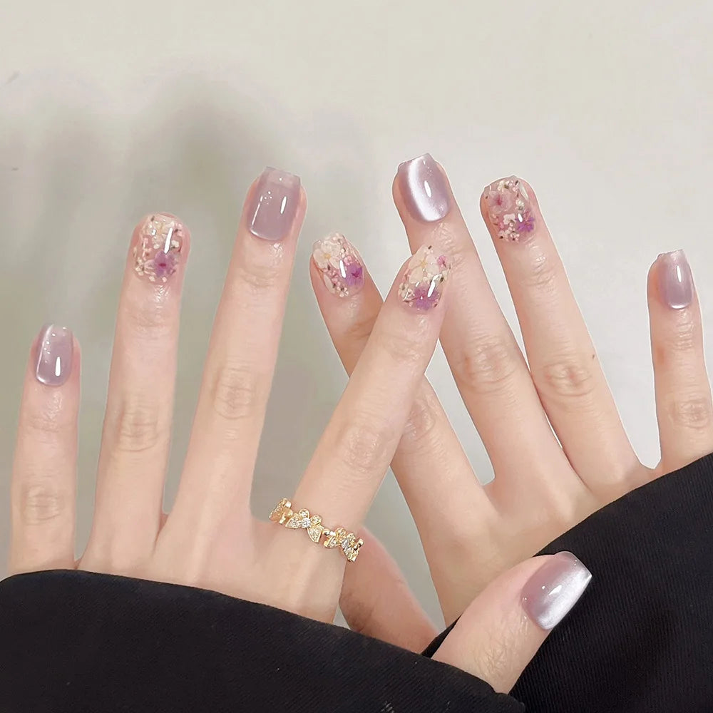 Lot de 24 faux ongles à paillettes et diamants, en acrylique, pour fille mignonne et mignonne, couverture complète, courts et carrés, manucure portable