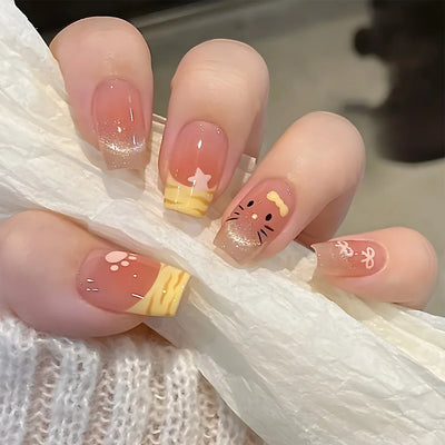 Lot de 24 faux ongles à paillettes et diamants, en acrylique, pour fille mignonne et mignonne, couverture complète, courts et carrés, manucure portable