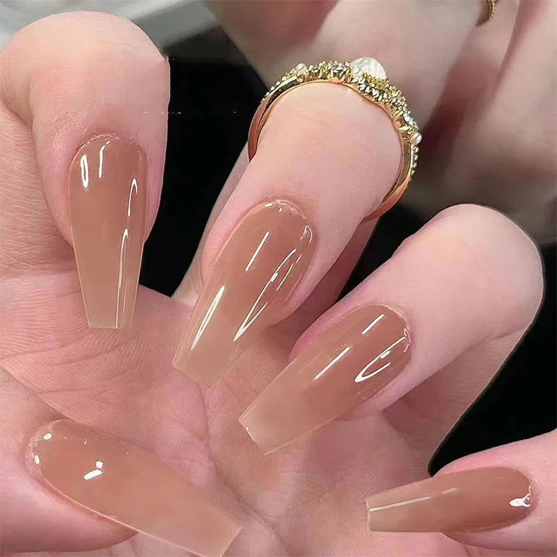Faux ongles longs en forme de cercueil, couleur nude, ballerine, rose clair