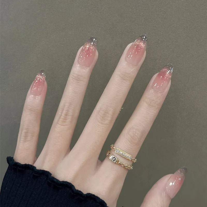 Lot de 24 faux ongles à paillettes et diamants, en acrylique, pour fille mignonne et mignonne, couverture complète, courts et carrés, manucure portable