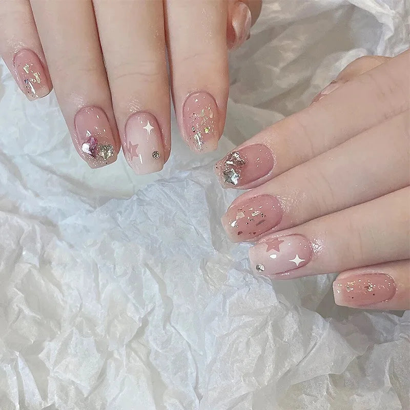 Lot de 24 faux ongles à paillettes et diamants, en acrylique, pour fille mignonne et mignonne, couverture complète, courts et carrés, manucure portable