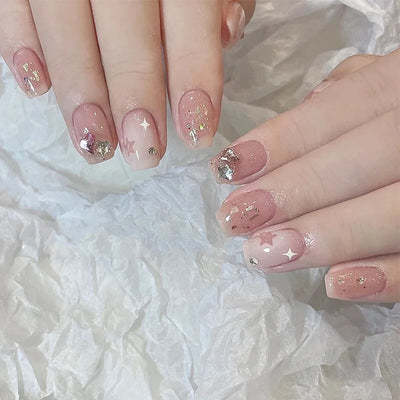 Lot de 24 faux ongles à paillettes et diamants, en acrylique, pour fille mignonne et mignonne, couverture complète, courts et carrés, manucure portable