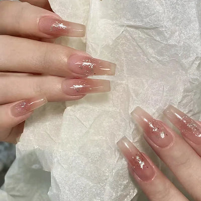 Faux ongles longs en forme de cercueil, couleur nude, ballerine, rose clair