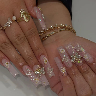 Lot de 24 faux ongles roses style Y2K à coller avec de gros strass scintillants et des pointes françaises noires pour femmes