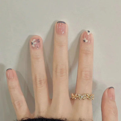 Lot de 24 faux ongles à paillettes et diamants, en acrylique, pour fille mignonne et mignonne, couverture complète, courts et carrés, manucure portable